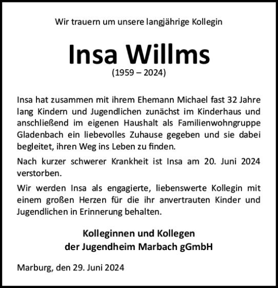 Traueranzeige von Insa Willms von Hinterländer Anzeiger