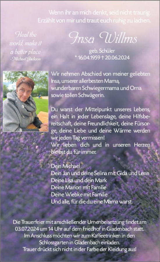 Traueranzeige von Insa Willms von Hinterländer Anzeiger