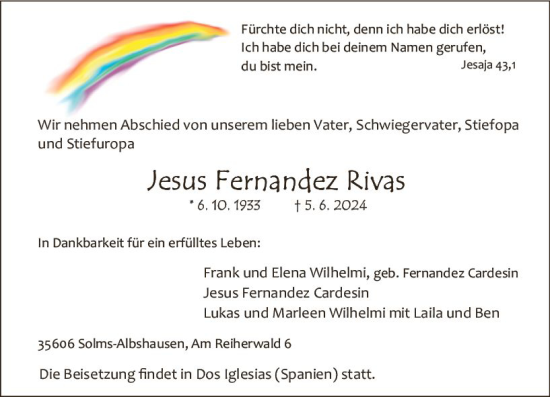 Traueranzeige von Jesus Fernandez Rivas von Wetzlarer Neue Zeitung