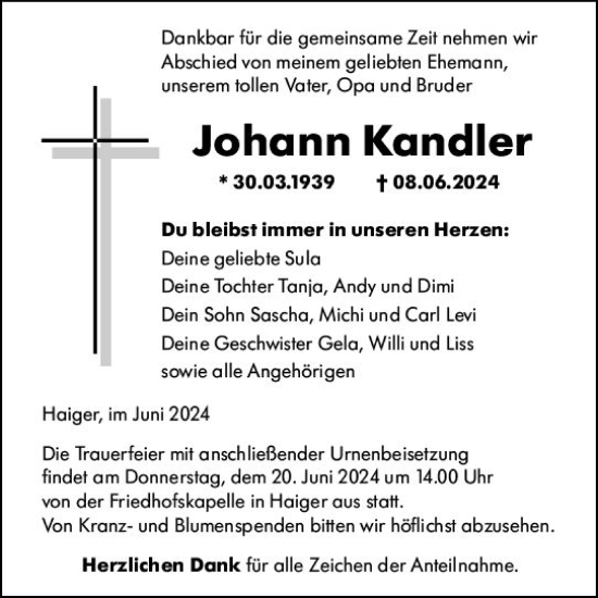Traueranzeige von Johann Kandler von Dill Block