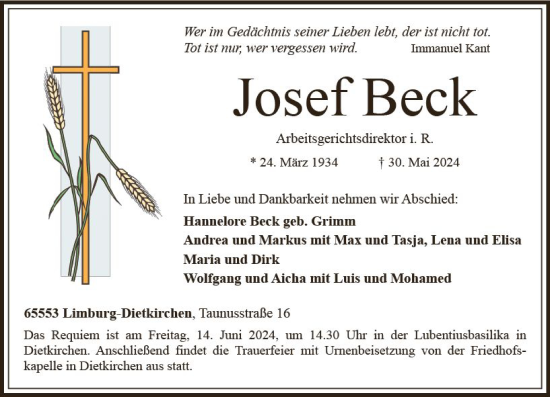 Traueranzeige von Josef Beck von Nassauische Neue Presse