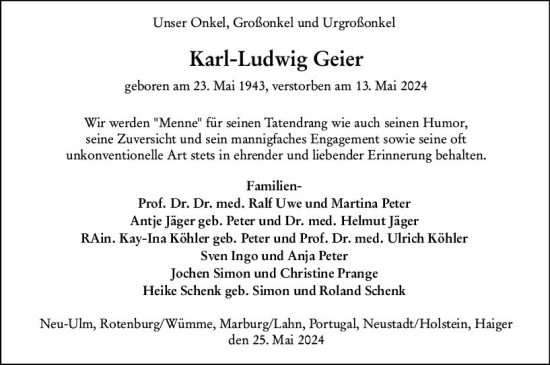 Traueranzeige von Karl-Ludwig Geier von Dill Block