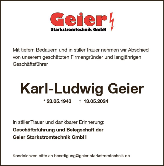 Traueranzeige von Karl-Ludwig Geier von Dill Block