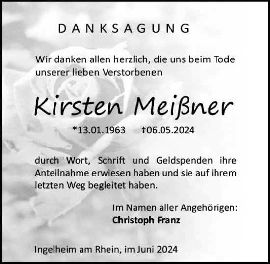 Traueranzeige von Kirsten Meißner von Allgemeine Zeitung Bingen/Ingelheim