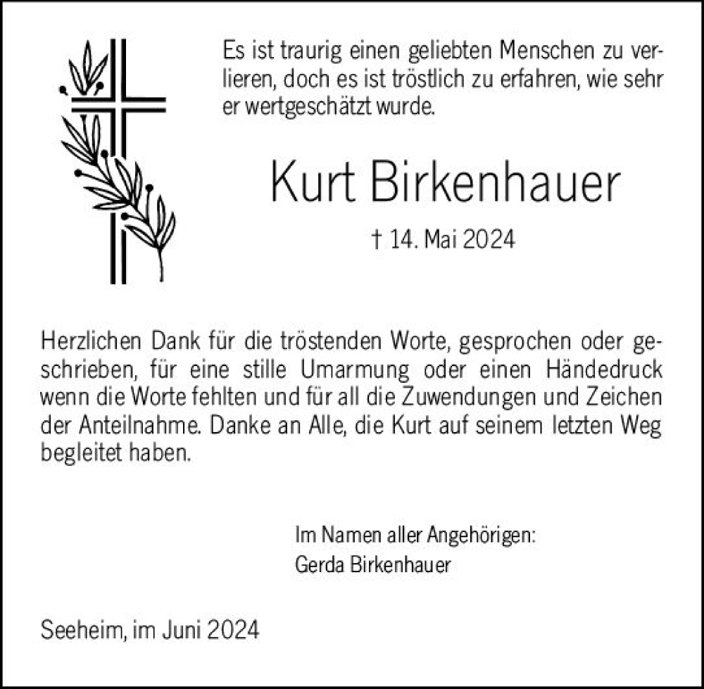  Traueranzeige für Kurt Birkenhauer vom 15.06.2024 aus Darmstädter Echo