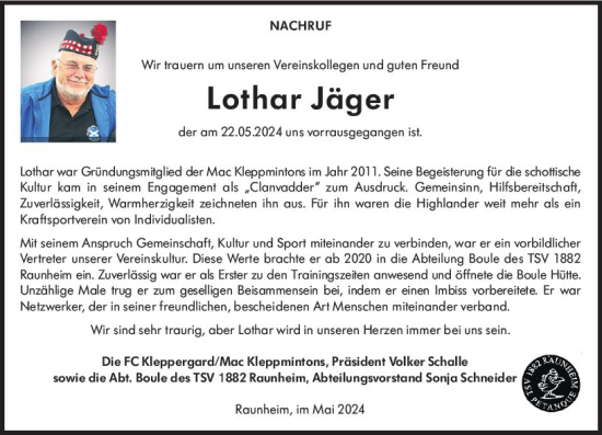 Traueranzeige von Lothar Jäger von Rüsselsheimer Echo