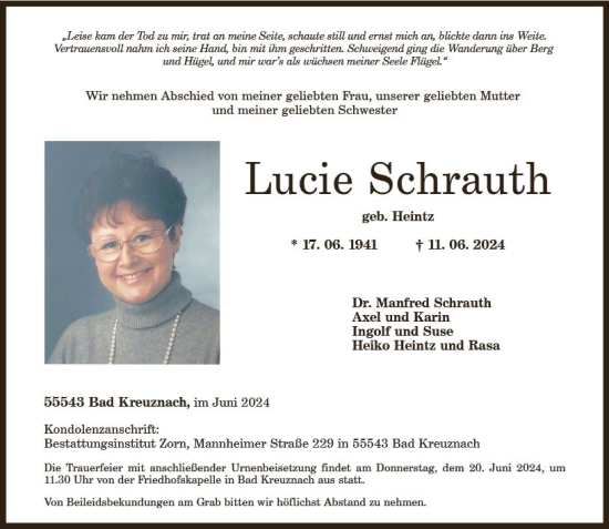 Traueranzeige von Lucie Schrauth von Allgemeine Zeitung Bad Kreuznach