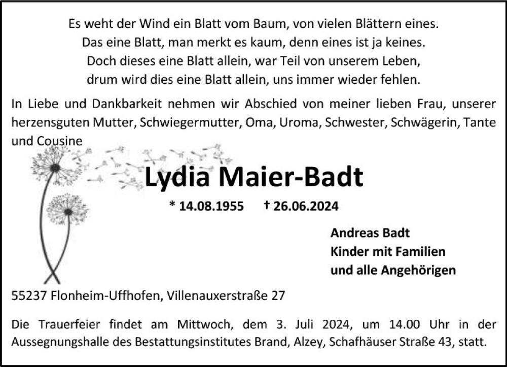  Traueranzeige für Lydia Maier-Badt vom 29.06.2024 aus Allgemeine Zeitung Alzey