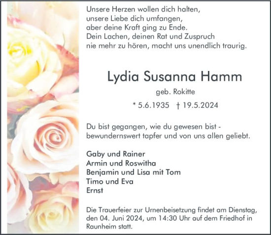 Traueranzeige von Lydia Susanna Hamm von Rüsselsheimer Echo