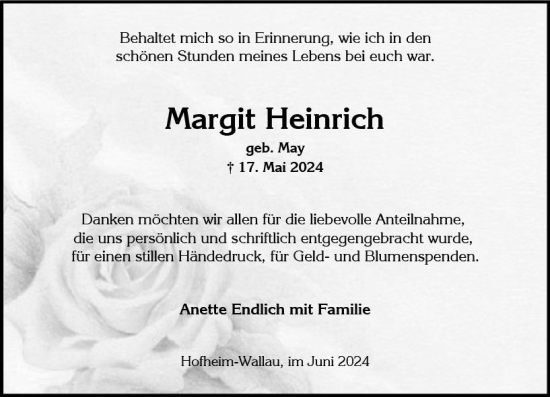 Traueranzeige von Margit Heinrich von Wiesbadener Kurier