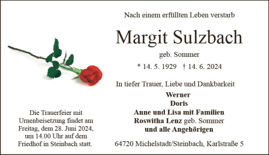 Traueranzeige von Margit Sulzbach von Odenwälder Echo