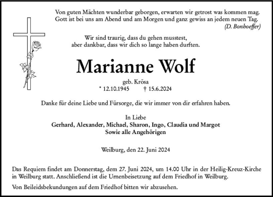 Traueranzeige von Marianne Wolf von Weilburger Tageblatt