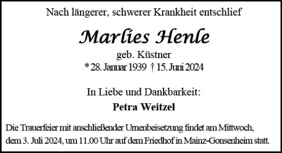 Traueranzeige von Marlies Henle von Allgemeine Zeitung Mainz