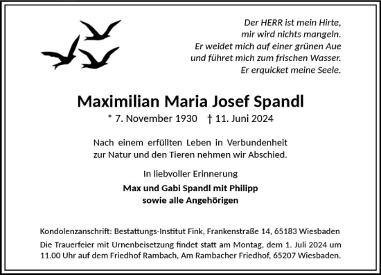 Traueranzeige von Maximilian  Spandl von Wiesbadener Kurier
