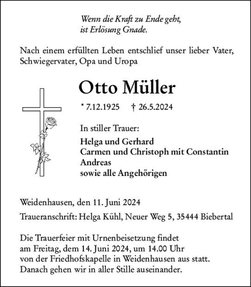  Traueranzeige für Otto Müller vom 11.06.2024 aus Hinterländer Anzeiger