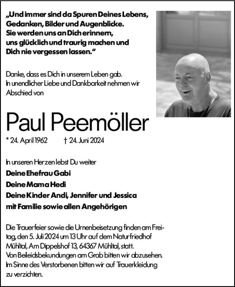  Traueranzeige für Paul Peemöller vom 29.06.2024 aus Darmstädter Echo