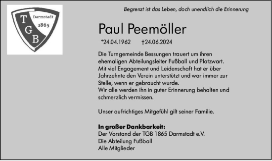 Traueranzeige von Paul Peemöller von Darmstädter Echo