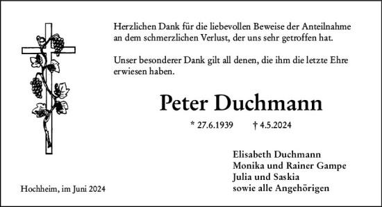 Traueranzeige von Peter Duchmann von Hochheimer Zeitung