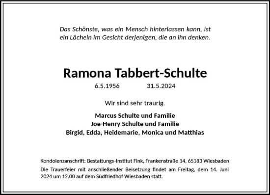 Traueranzeige von Ramona Tabbert-Schulte von Wiesbadener Kurier