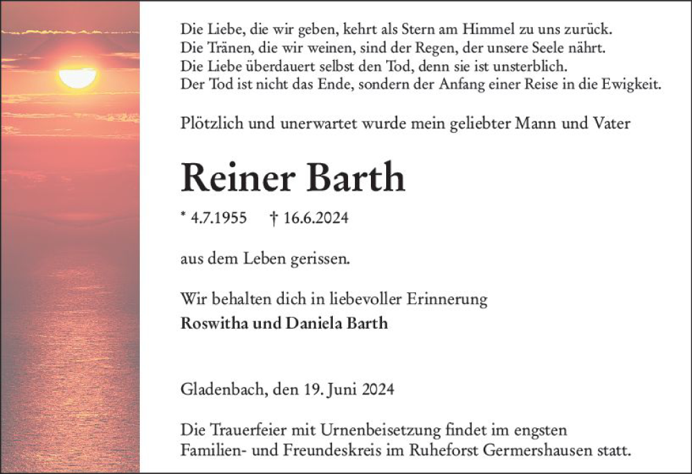  Traueranzeige für Reiner Barth vom 19.06.2024 aus Hinterländer Anzeiger