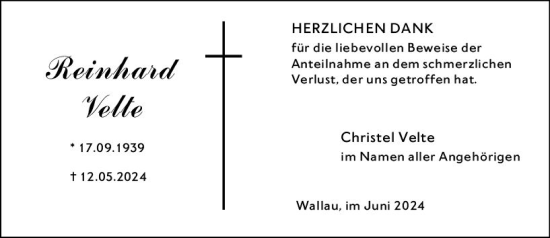 Traueranzeige von Reinhard Velte von Hinterländer Anzeiger