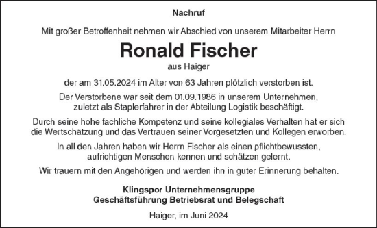 Traueranzeige von Ronald Fischer von Dill Block