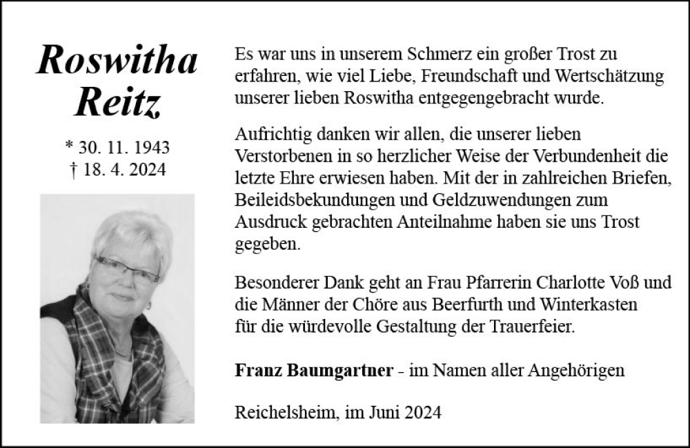  Traueranzeige für Roswitha Reitz vom 08.06.2024 aus Odenwälder Echo