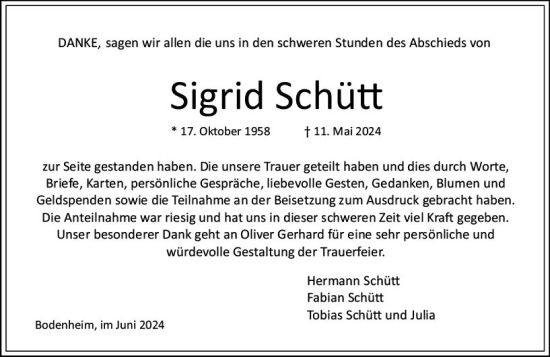 Traueranzeige von Sigrid Schütt von Allgemeine Zeitung Mainz