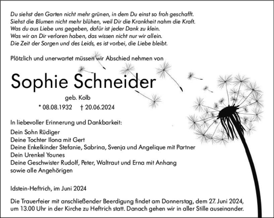 Traueranzeige von Sophie Schneider von Idsteiner Land/Untertaunus