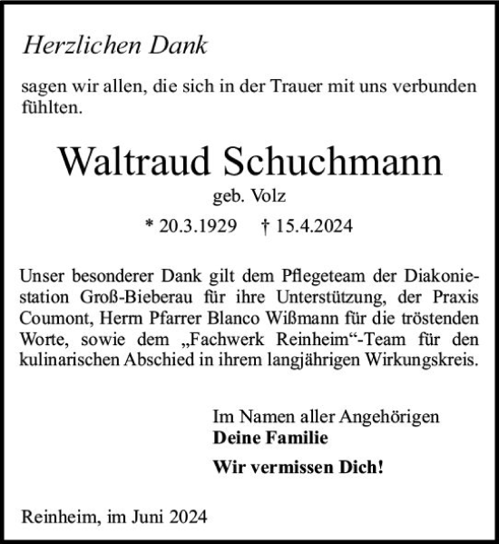 Traueranzeige von Waltraud Schuchmann von Odenwälder Echo