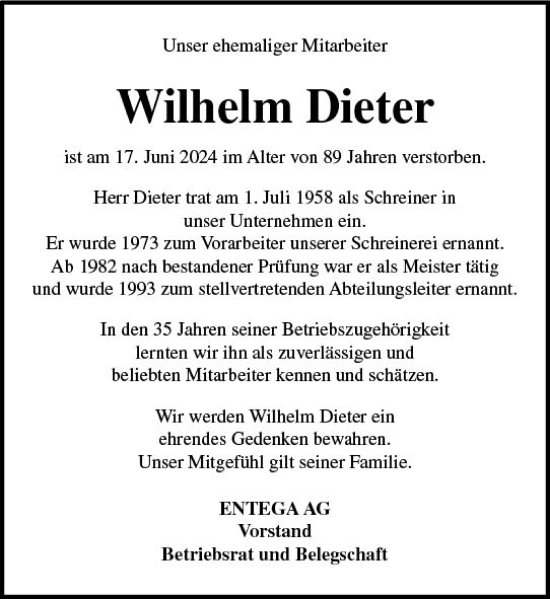 Traueranzeige von Wilhelm Dieter von Odenwälder Echo