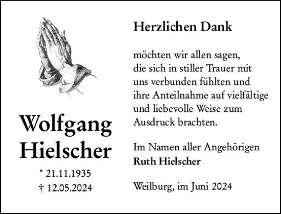 Traueranzeige von Wolfgang Hielscher von Weilburger Tageblatt