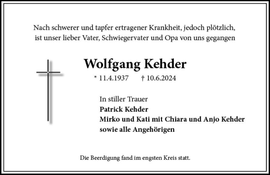 Traueranzeige von Wolfgang Kehder von Wiesbadener Kurier
