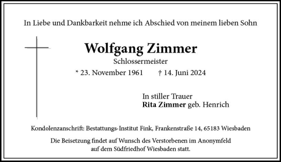 Traueranzeige von Wolfgang Zimmer von Wiesbadener Kurier