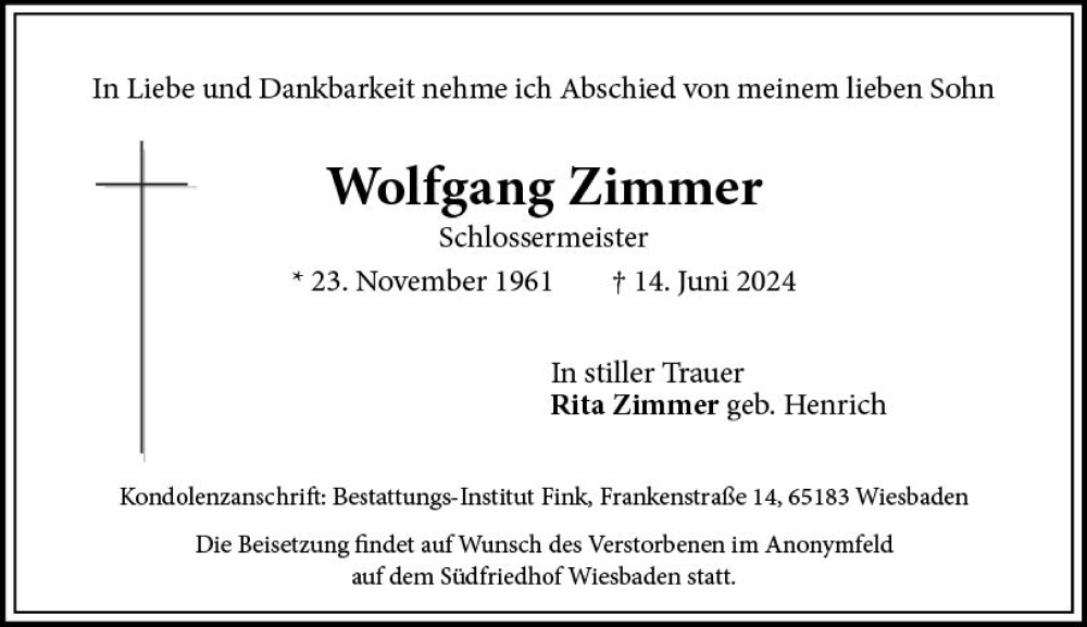 Traueranzeige für Wolfgang Zimmer vom 22.06.2024 aus Wiesbadener Kurier