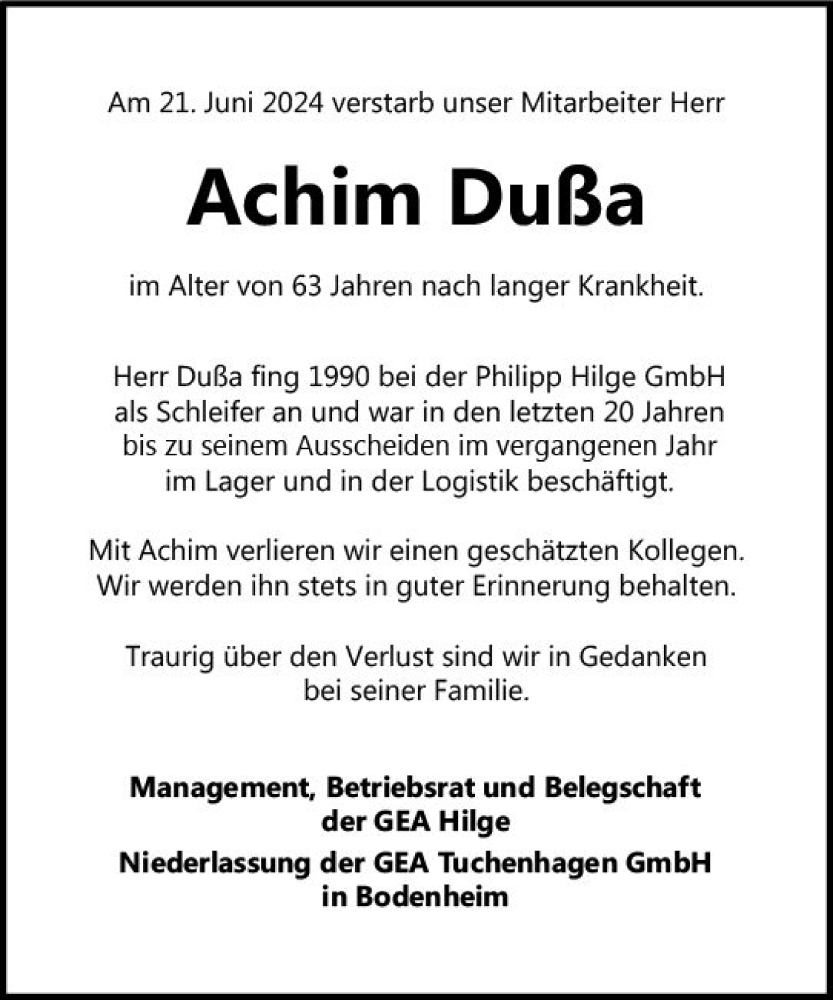  Traueranzeige für Achim Dußa vom 06.07.2024 aus Allgemeine Zeitung Mainz