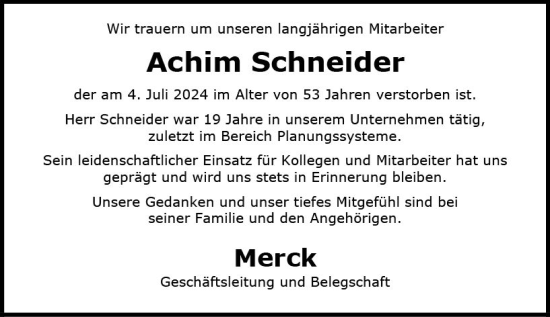 Traueranzeige von Achim Schneider von Darmstädter Echo