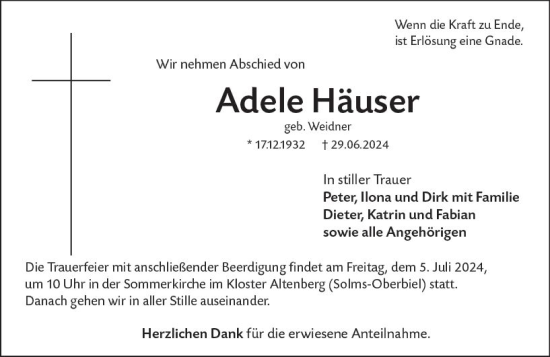 Traueranzeige von Adele Häuser von Wetzlarer Neue Zeitung