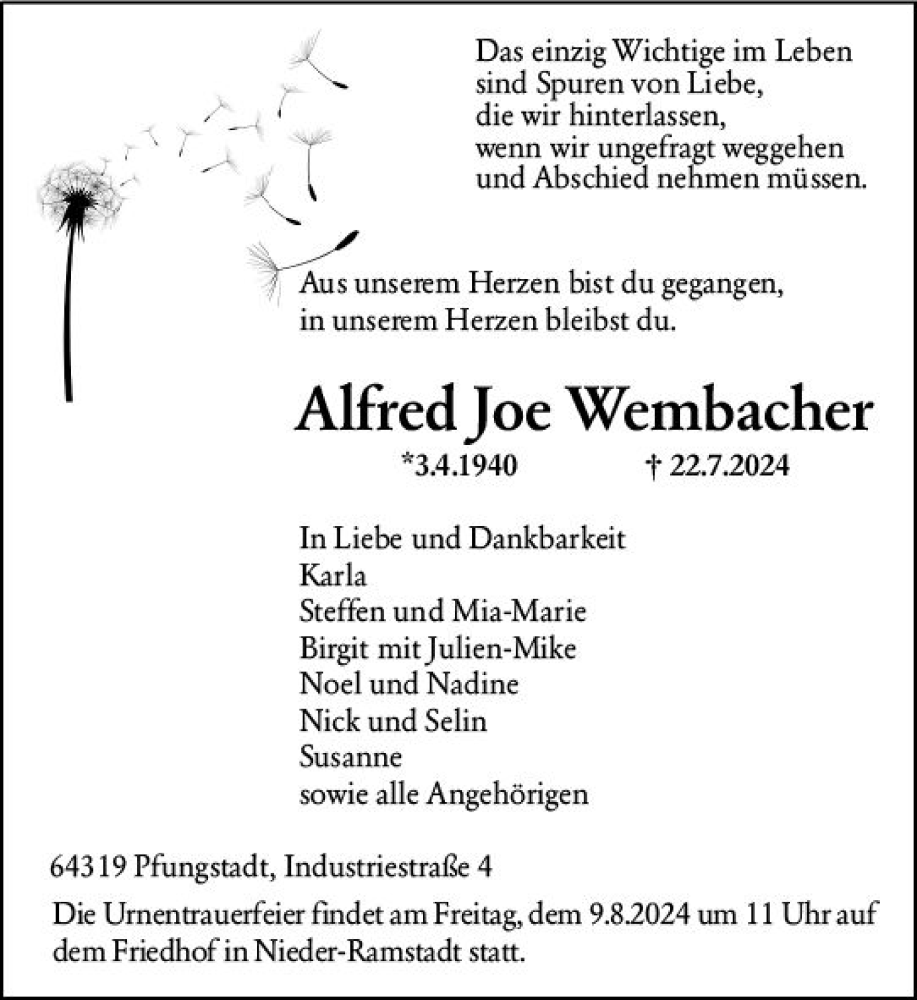  Traueranzeige für Alfred Wembacher vom 27.07.2024 aus Darmstädter Echo