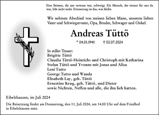 Traueranzeige von Andreas Tüttö von Dill Block