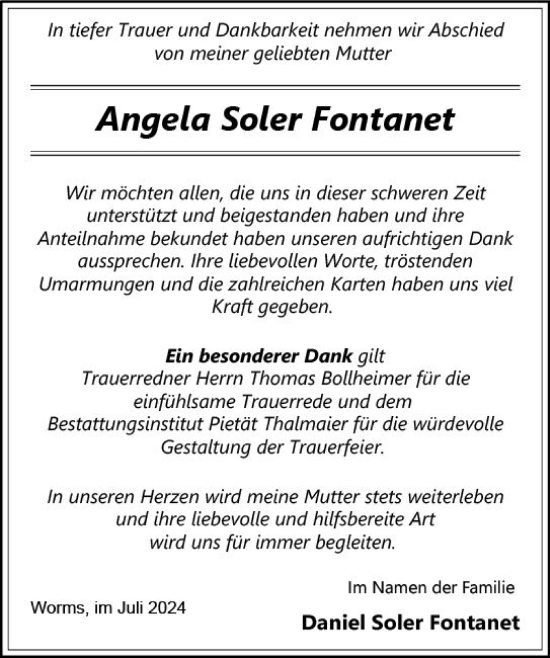 Traueranzeige von Angela Soler Fontanet von Wormser Zeitung
