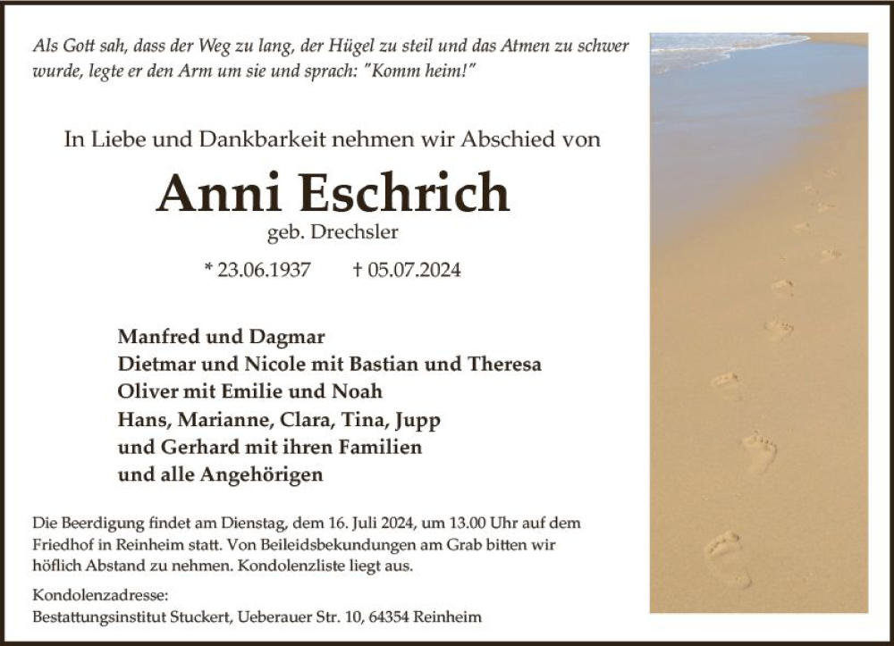  Traueranzeige für Anni Eschrich vom 13.07.2024 aus Odenwälder Echo