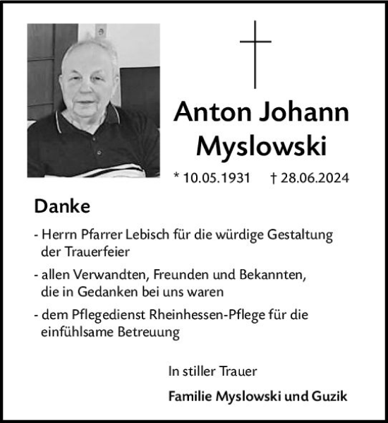 Traueranzeige von Anton Johann Myslowski von Allgemeine Zeitung Mainz