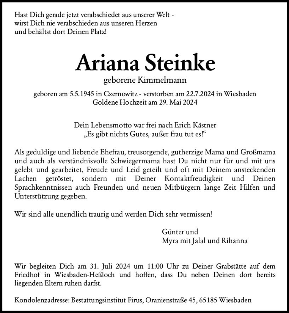  Traueranzeige für Ariana Steinke vom 27.07.2024 aus Wiesbadener Kurier