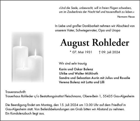 Traueranzeige von August Rohleder von Allgemeine Zeitung Rheinhessen-Nahe