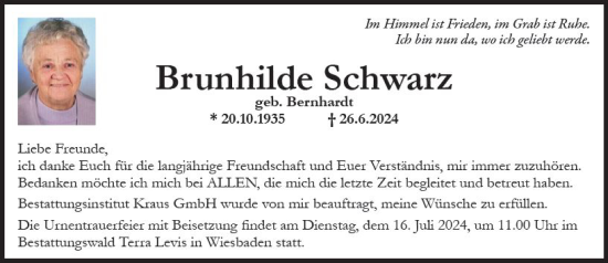 Traueranzeige von Brunhilde Schwarz von Wiesbadener Kurier