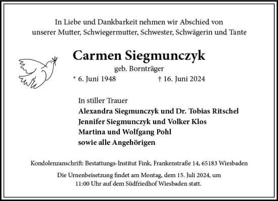 Traueranzeige von Carmen Siegmunczyk von Wiesbadener Kurier
