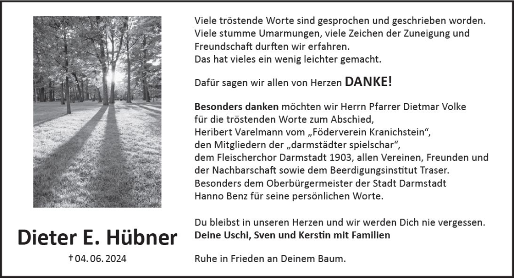  Traueranzeige für Dieter E. Hübner vom 13.07.2024 aus Darmstädter Echo