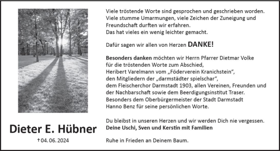 Traueranzeige von Dieter E. Hübner von Darmstädter Echo