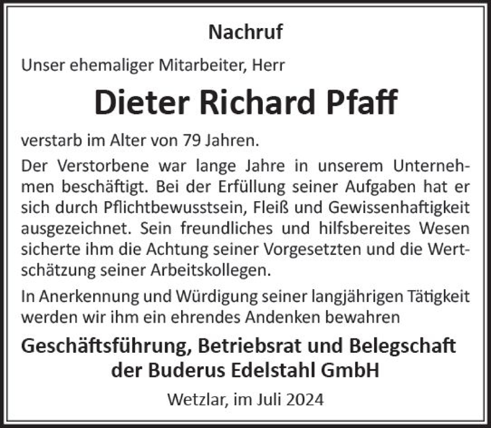  Traueranzeige für Dieter Richard Kaff vom 06.07.2024 aus Wetzlarer Neue Zeitung